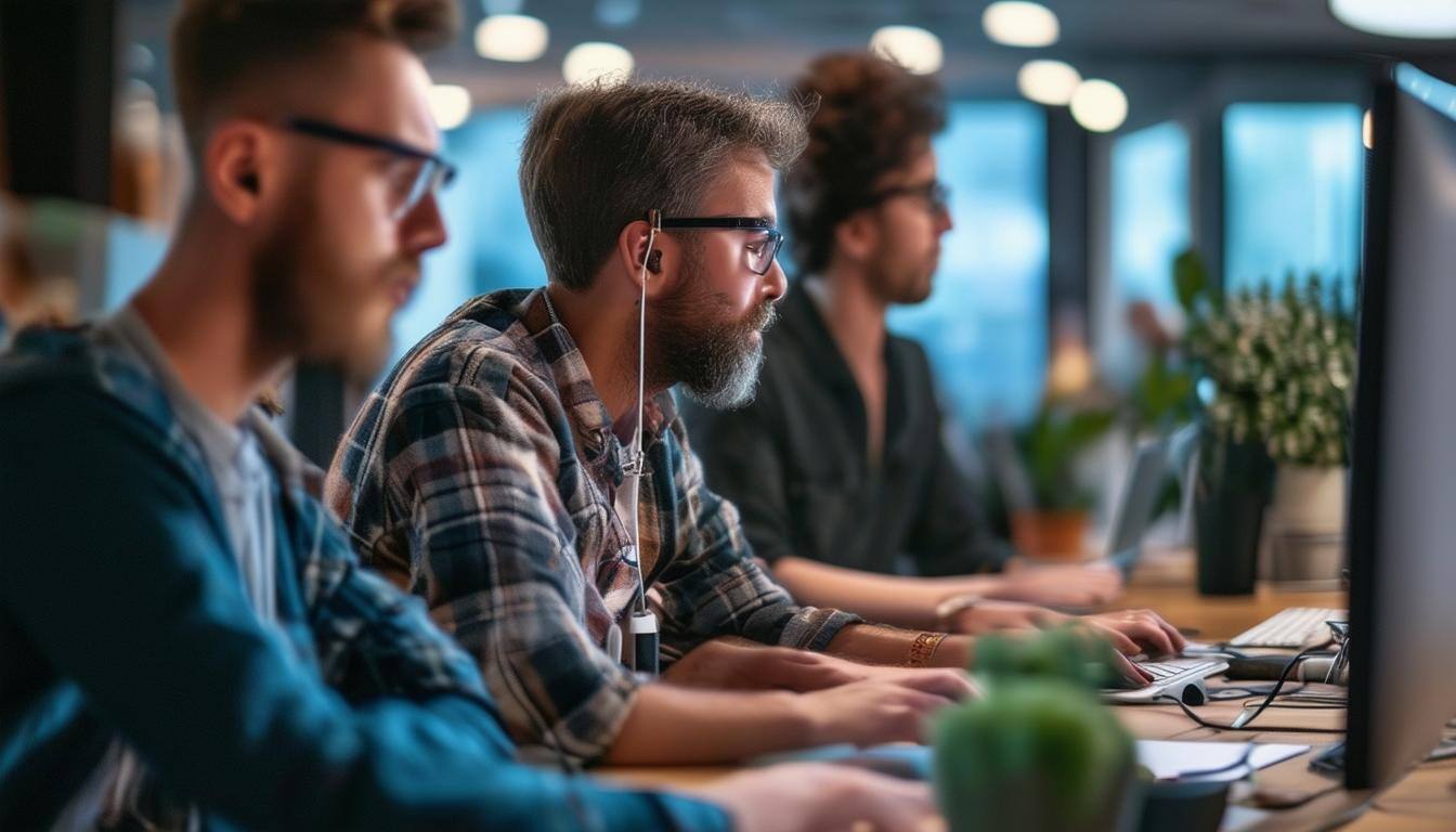 A team of developers working in a modern office